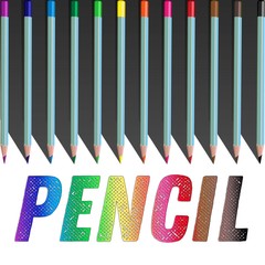 A set of twelve pencils for drawing with the words pencil. Pencil set for drawing.
