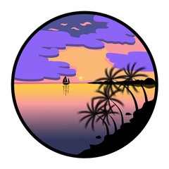 Landscape in a circle, palm trees, sea, ship and sky. Drawing of the sky and the sea at sunset.