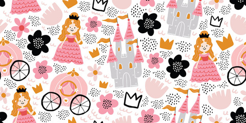 Childish seamless pattern with princess, castle © tanya