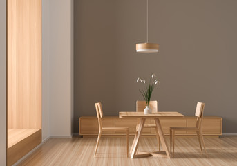 Spacious modern dining room with wooden chairs and table.  Minimalist dining room design. 3D illustration.