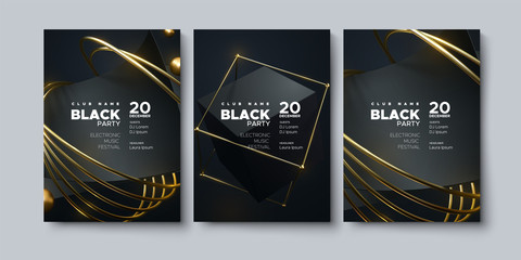 Electronic music festival. Modern posters design. Black party invitation. Abstract background. Black geometric bended layers with gold metallic rings. Vector illustration. Club invitation template.