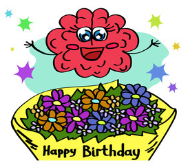 A cute brain receives a bouquet of flowers. Cartoon. Vector illustration.