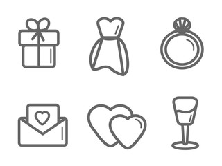 Wedding icon set on a white background. Vector illustration. Event invitation, wedding dress and more for web design and mobile app