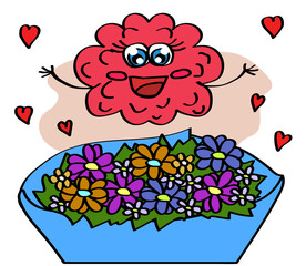 Cute brain and a bouquet of flowers. Cartoon. Vector illustration. 