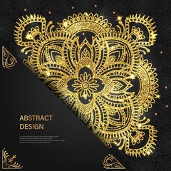Abstract luxury glitter mandala on dark background with shine light. Ornament elegant invitation for wedding card. Gift invite with royal motif. Backdrop cover banner illustration vector design