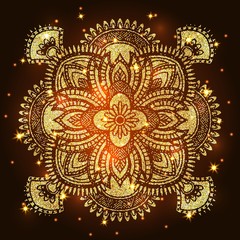 Abstract luxury glitter mandala on dark background with shine light. Ornament elegant invitation for wedding card. Gift invite with royal motif. Backdrop cover banner illustration vector design