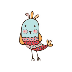 Little funny cute bird bird looks in front of him. Cartoon character object icon isolated on white background, vector illustration. Doodle. Hand-drawn.