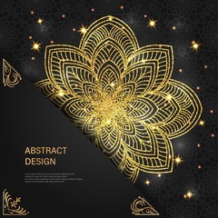 Abstract luxury glitter mandala on dark background with shine light. Ornament elegant invitation for wedding card. Gift invite with royal motif. Backdrop cover banner illustration vector design