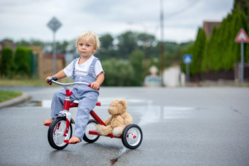 Cute little boy, with teddy bear toy, riding tricycle on the street in the rain, barefeet