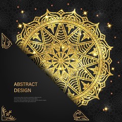 Abstract luxury glitter mandala on dark background with shine light. Ornament elegant invitation for wedding card. Gift invite with royal motif. Backdrop cover banner illustration vector design