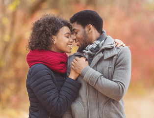 Tender afro couple sharing loving moment in autumn park