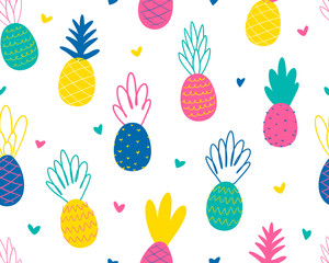 Pineapples and hearts seamless pattern. Cute pineapple background. Vector bright print for fabric or wallpaper.