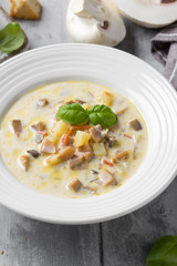 Cheese soup with mushrooms, potatoes, carrots and croutons Delicious cozy first course, autumn food