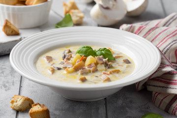 Cheese soup with mushrooms, potatoes, carrots and croutons Delicious cozy first course, autumn food