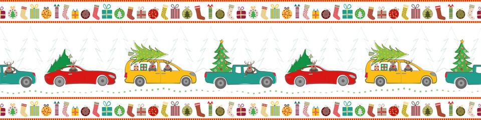 Holiday border design with cartoon reindeer, trucks, cars, Christmas trees and gifts in traditional colors. Seamless vector pattern on white background. Great for stationery, banners, graphic design