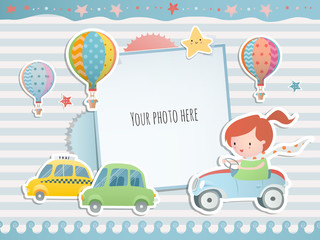 Holiday card design with  a girl driving a car.  Baby shower. Paper, scrapbook. 