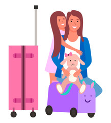 Young mother and little daughter with luggage traveling. Mum and kid hugging. Girl with pink plush rabbit toy. Family trip, summer vacation vector illustration. Flat cartoon