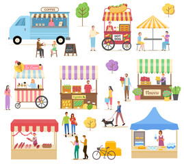 Marketplace set, retail of meat, milk products, vegetables and flowers. Coffee bus, hotdog and ice-cream cart, people buying and eating food vector. Flat cartoon