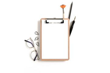 Clipboard mockup with frame made of stationery and glasses