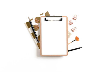 Clipboard mockup with frame made of stationery and notepads