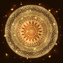 Abstract luxury glitter mandala on dark background with shine light. Ornament elegant invitation for wedding card. Gift invite with royal motif. Backdrop cover banner illustration vector design