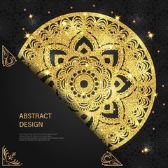 Abstract luxury glitter mandala on dark background with shine light. Ornament elegant invitation for wedding card. Gift invite with royal motif. Backdrop cover banner illustration vector design