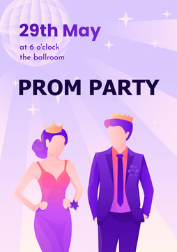 Young And Beautiful Prom King And Queen Colorful Vector Poster Template.