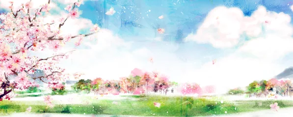 Fotobehang spring landscape with flowers and butterflies © kikiillust