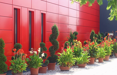 Fototapeta na wymiar red and black building decorated with large flower pots