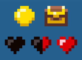 Coin and chest awards, heart object on blue, lose life, squared symbols of pixel game in flat design style, adventure geometric sign set, find vector. Pixelated mobile app video-game
