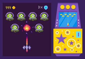 Classic arcade machine with monsters in space suits decorated with stars. Pixel aliens vintage video game vector. Spaceship shooting bullets vector illustration. 80s pixelated game