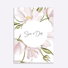 Floral tender soft magnolia vector illustration. Wedding invitation card template design, pink peony flowers and calla lily isolated on white. Save the date botanical card