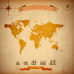 Grunge World map, old sailboats on old paper
