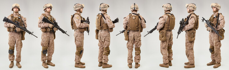 US marines forces soldiers with rifles on grey background. Shot in studio. Collage