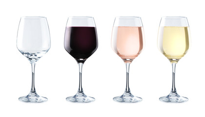 Variety of crystal glasses on white background