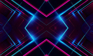 Dark abstract futuristic background. Neon lines, glow. Neon lines, shapes. Pink and blue glow