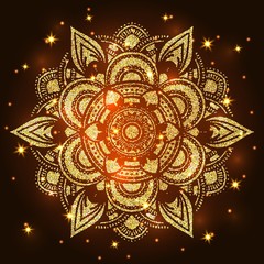 Abstract luxury glitter mandala on dark background with shine light. Ornament elegant invitation for wedding card. Gift invite with royal motif. Backdrop cover banner illustration vector design