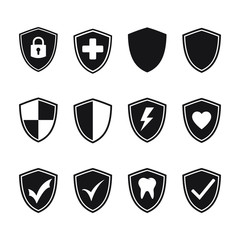 Vector shield protection icon set black on white