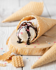 ice cream in a waffle cone