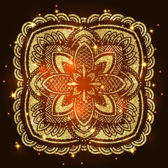 Abstract luxury glitter mandala on dark background with shine light. Ornament elegant invitation for wedding card. Gift invite with royal motif. Backdrop cover banner illustration vector design