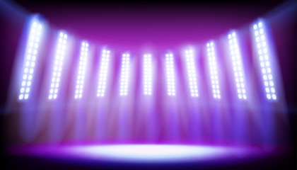 Stage on the stadium illuminated by spotlights. Empty place for exposition. Vector illustration.