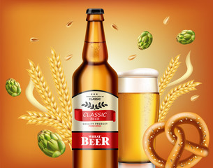 Beer bottle and fresh pretzel Vector realistic. Fresh drink product placement. Label design. 3d illustrations