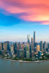 Obraz premium Aerial view of Shanghai skyline at sunset,China.