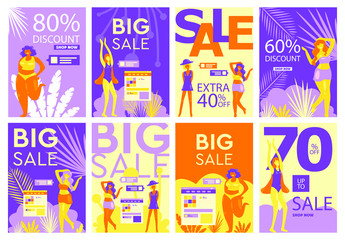 Set of vector posters. Women enjoy shopping and discounts. Women love their body, body positive, feminism. Big sizes. Sick summer sale, big discounts. Flat style