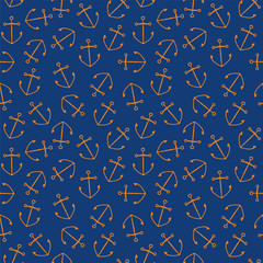Seamless pattern gold anchor on a blue background	