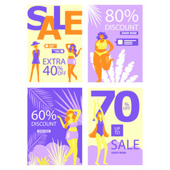 Set of vector posters. Women enjoy shopping and discounts. Women love their body, body positive, feminism. Big sizes. Sick summer sale, big discounts. Flat style