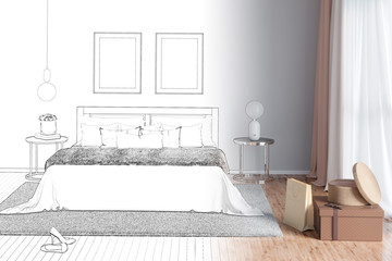 3d illustration. Sketch of charming woman’s bedroom with painting becomes a real interior. Front view