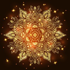 Abstract luxury glitter mandala on dark background with shine light. Ornament elegant invitation for wedding card. Gift invite with royal motif. Backdrop cover banner illustration vector design