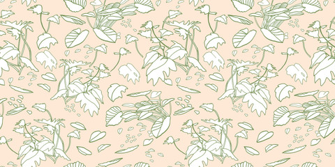 Fototapeta na wymiar Modern exotic jungle leaf pattern. Scattered botanical leaf, line art doodle style, in pastel green an pink tones. Perfect for packaging design, home decor, fabric wallpaper and stationary.