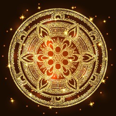 Abstract luxury glitter mandala on dark background with shine light. Ornament elegant invitation for wedding card. Gift invite with royal motif. Backdrop cover banner illustration vector design